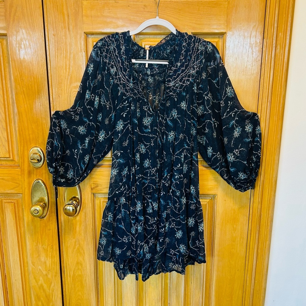 Free People Black, Navy and White Floral Print Tunic